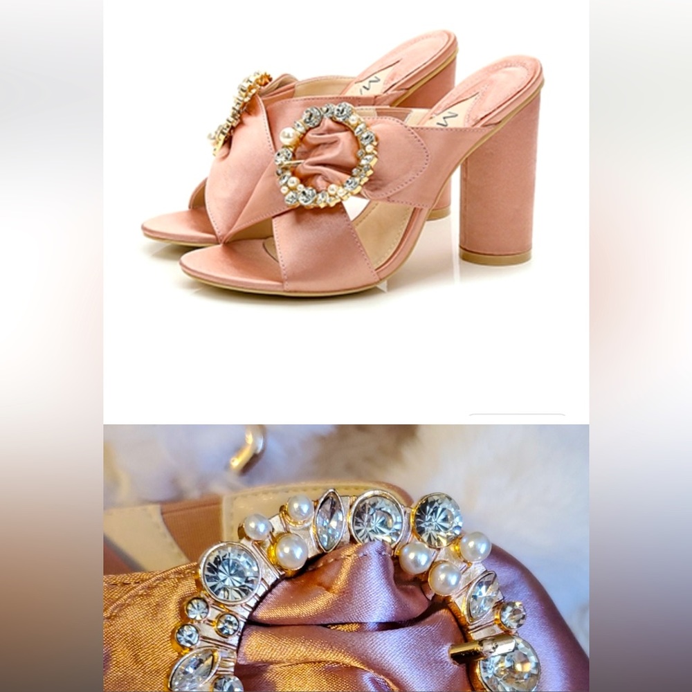 Mackin J blush satin shoes w/ rhinestones, pearls. Used once, like new condition